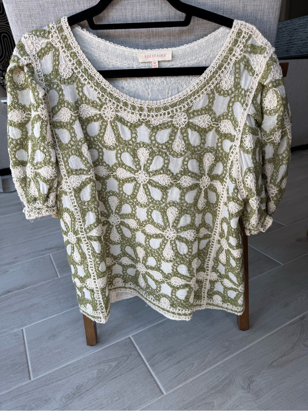 Olive/Ivory Embroidered Puff Sleeve Top